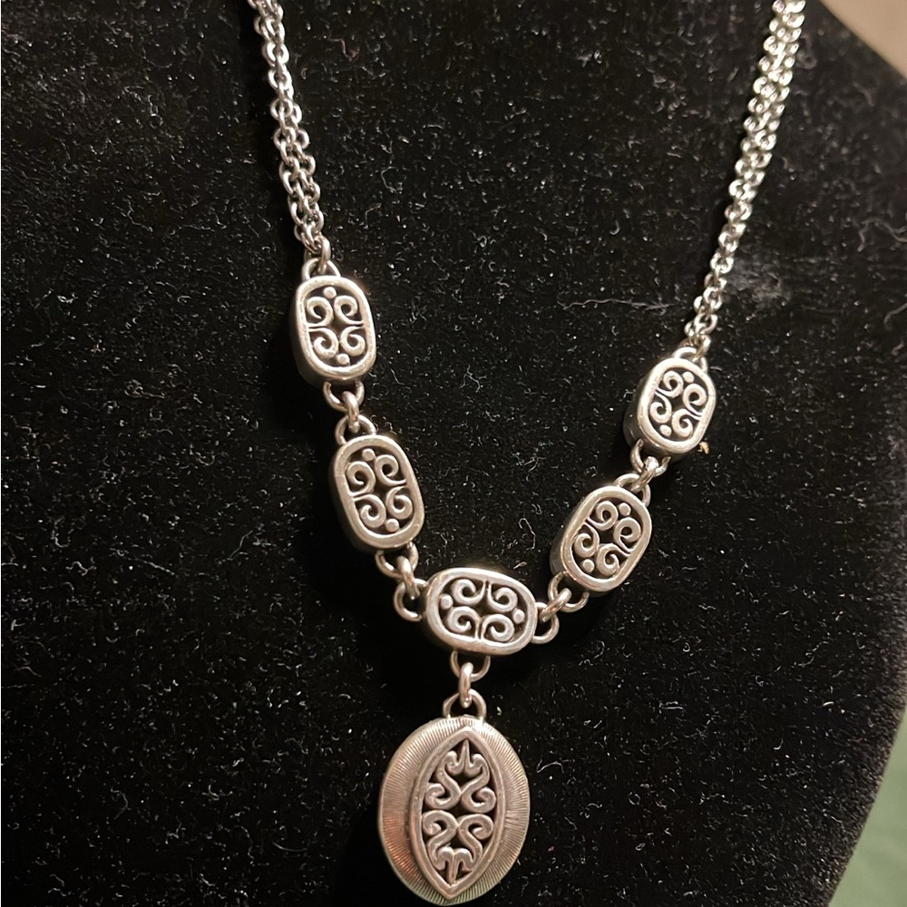 Brighton Necklace Silver Oval Pendant Ornate Scroll Two Strand Retired